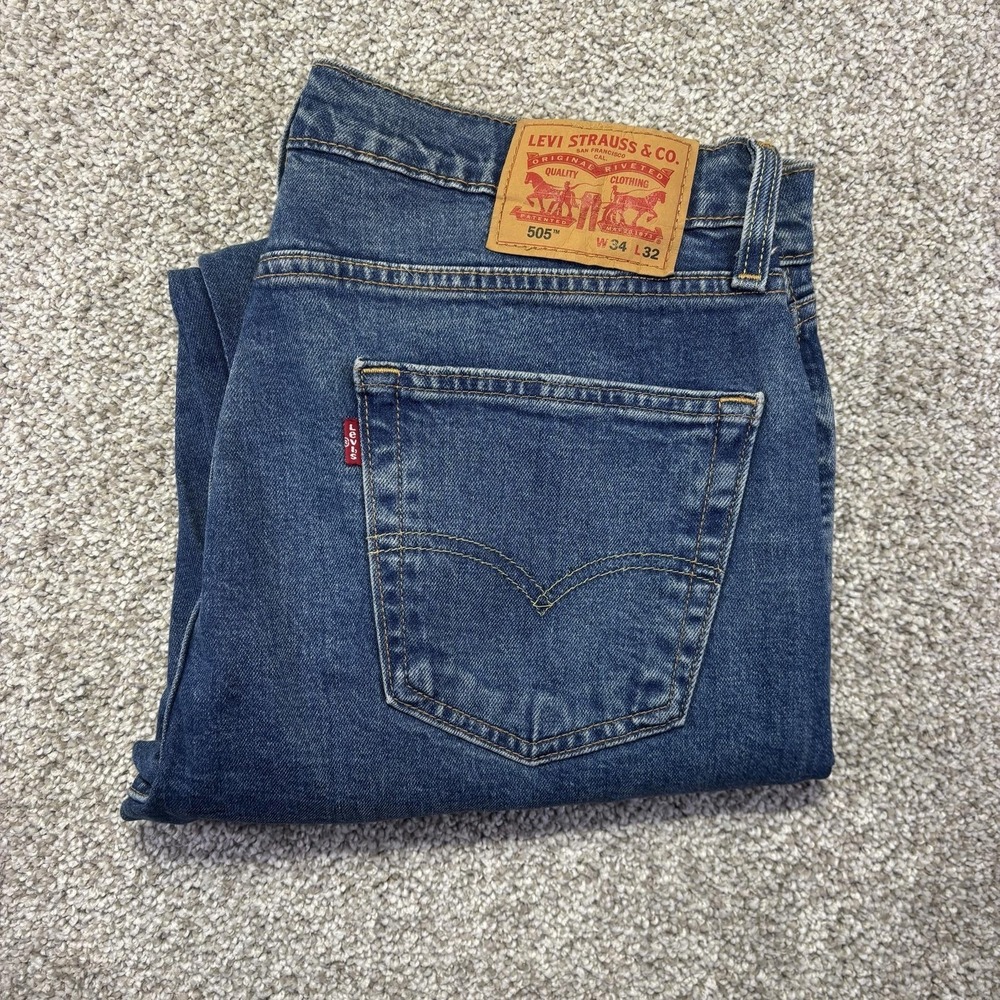 Levis 505 Jeans Mens 34x32 Blue Medium Wash Regular Straight Stretch Denim Pants - Picture 2 of 10